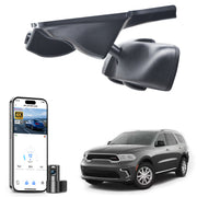 Car dashboard camera, smartphone app control, 4K Ultra HD recording, GPS tracking, and Dodge Durango SUV models in the background.and SUV on a white background