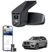 2 channel dash cam with dual STARVIS 2, features smartphone app control, 4K Ultra HD recording, GPS tracking, and BMW X5 Gen3 SUV models in the background.  