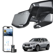 2 channel dash cam with dual STARVIS 2, features smartphone app control, 4K Ultra HD recording, GPS tracking, and BMW X5 Gen4 SUV models in the background.  