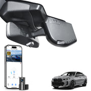 2 channel dash cam with dual STARVIS 2, features smartphone app control, 4K Ultra HD recording, GPS tracking, and BMW X6 Gen3 SUV models in the background.  