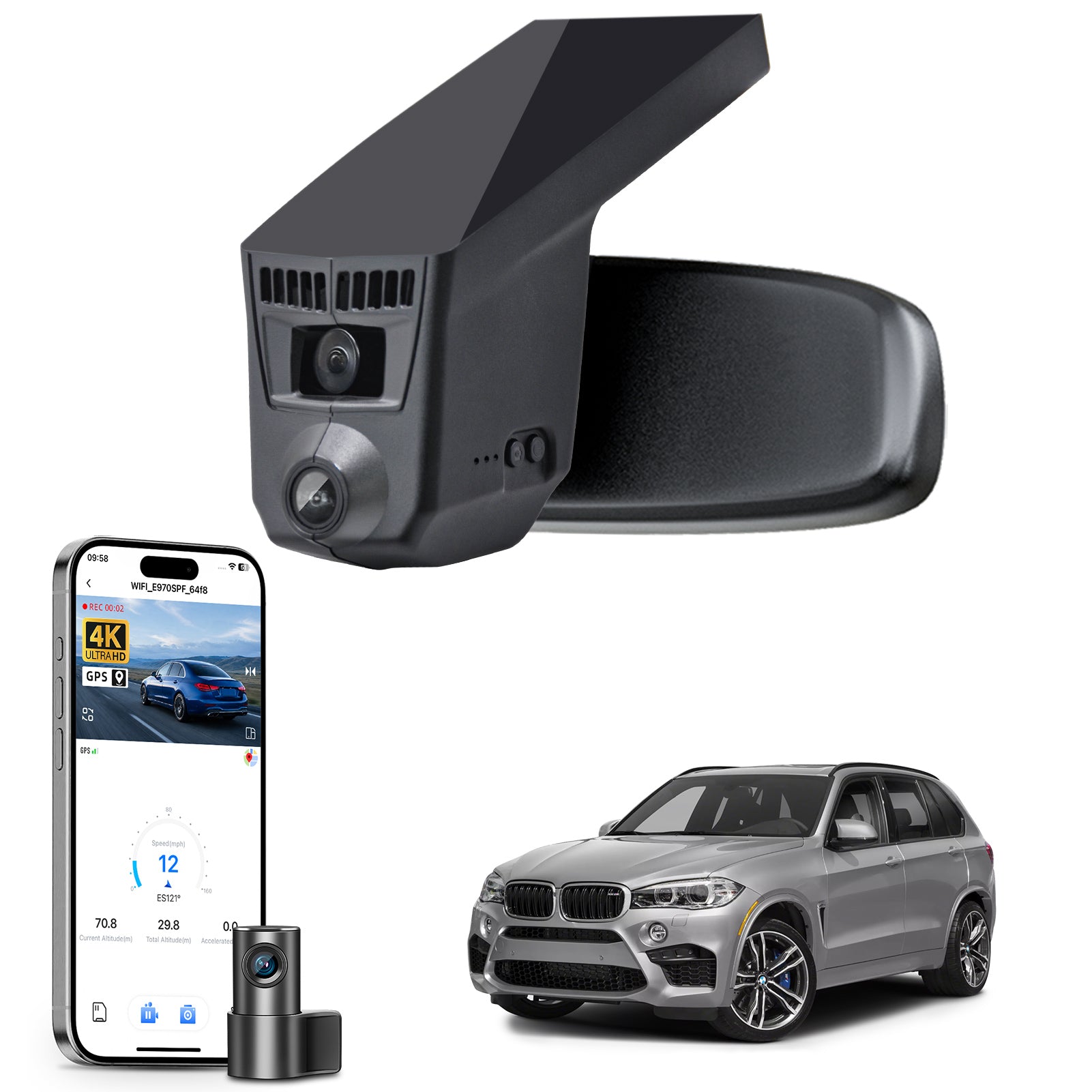 Mangoal 2 channel dash cam with STARVIS sensor, features smartphone app control, front 4K UHD and rear Full HD recording, GPS tracking, and BMW 6 Series Gen3 models in the background.