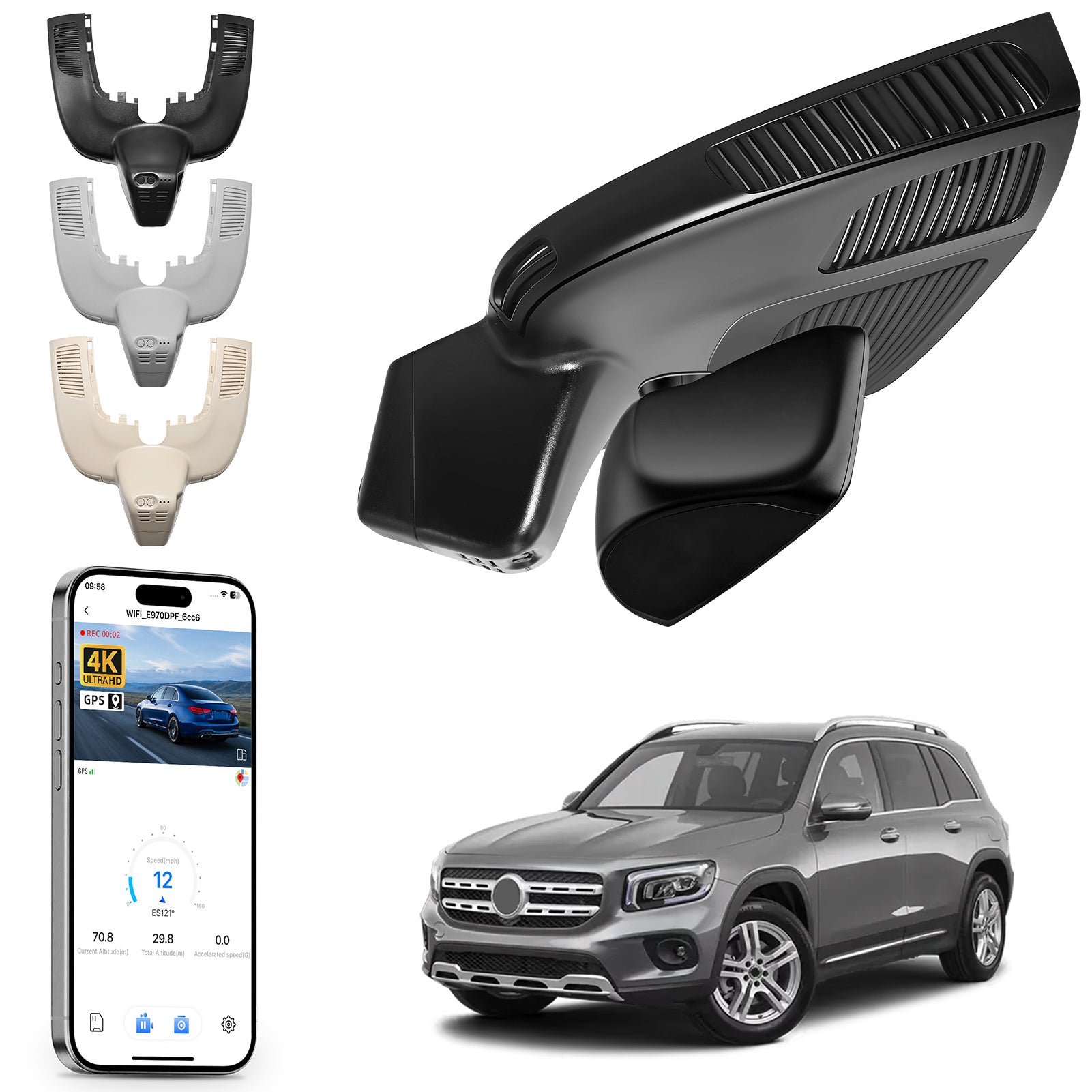 Car rearview mirror built-in dash cam with smartphone app control, 4K Ultra HD recording, GPS tracking, and Benz GLE & GLS models in the background.