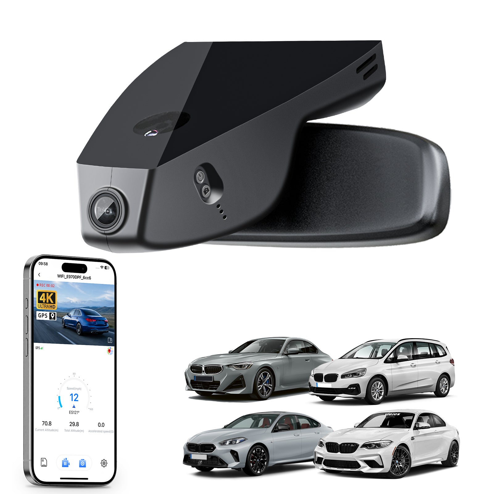 Car rearview mirror built-in dash cam with smartphone app control, 4K Ultra HD recording, GPS tracking, and BMW 2 Series M2 models in the background.