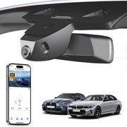 Car rearview mirror built-in dash cam with smartphone app control, 4K Ultra HD recording, GPS tracking, and BMW 3 Series Gen7 models in the background.