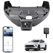 Car rearview mirror built-in dash cam with smartphone app control, 4K Ultra HD recording, GPS tracking, and Buick Envision SUV models in the background.