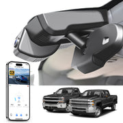 Car rearview mirror dash camera, smartphone displaying app interface, 4K Ultra HD recording, GPS tracking, and Chevy Silverado trucks models in the background.