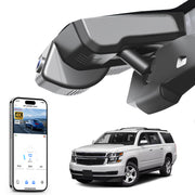 Car rearview mirror built-in dash cam with smartphone app control, 4K Ultra HD recording, GPS tracking, and Chevy Suburban Tahoe SUV models in the background.
