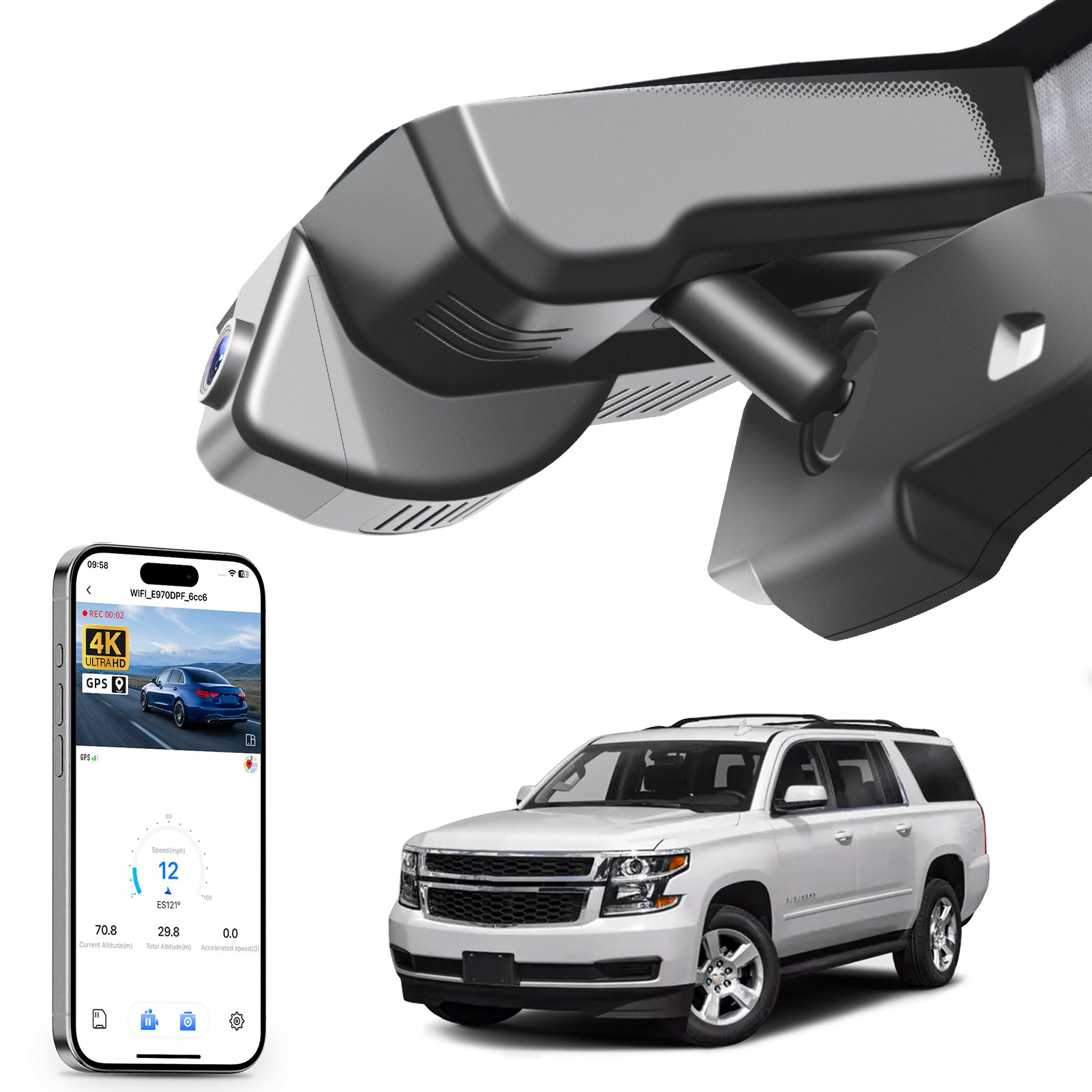 Car rearview mirror built-in dash cam with smartphone app control, 4K Ultra HD recording, GPS tracking, and Chevy Suburban Tahoe SUV models in the background.