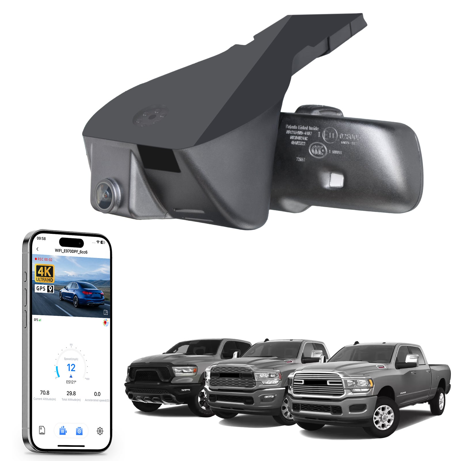 Car rearview mirror built-in dash cam with smartphone app control, 4K Ultra HD recording, GPS tracking, and Dodge RAM Gen5 Pickup models in the background.