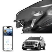 Car built-in dash cam with smartphone app control, 4K Ultra HD recording, GPS tracking, and Ford Explorer SUV models in the background.