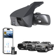 2 channel dash cam with dual STARVIS 2, features smartphone app control, 4K Ultra HD recording, GPS tracking, and Dodge RAM Gen5 Pickup models in the background.  