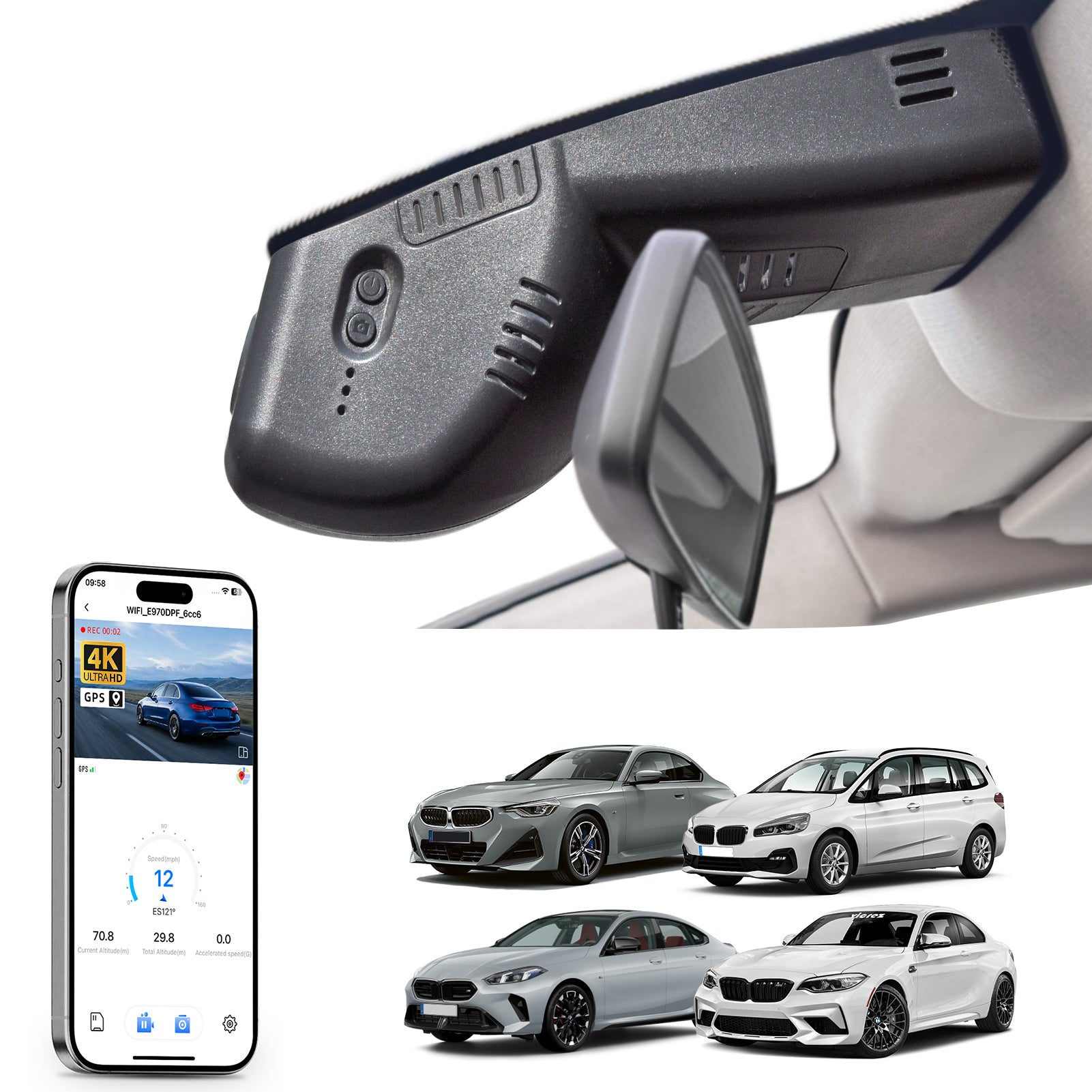 Car rearview mirror built-in dash cam with smartphone app control, 4K Ultra HD recording, GPS tracking, and BMW 2 Series M2 models in the background.