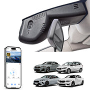 Car rearview mirror built-in dash cam with smartphone app control, 4K Ultra HD recording, GPS tracking, and BMW 2 Series M2 models in the background.