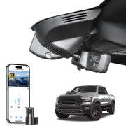 2 channel dash cam with dual STARVIS 2, features smartphone app control, 4K Ultra HD recording, GPS tracking, and Dodge RAM Gen5 Pickup models in the background.  