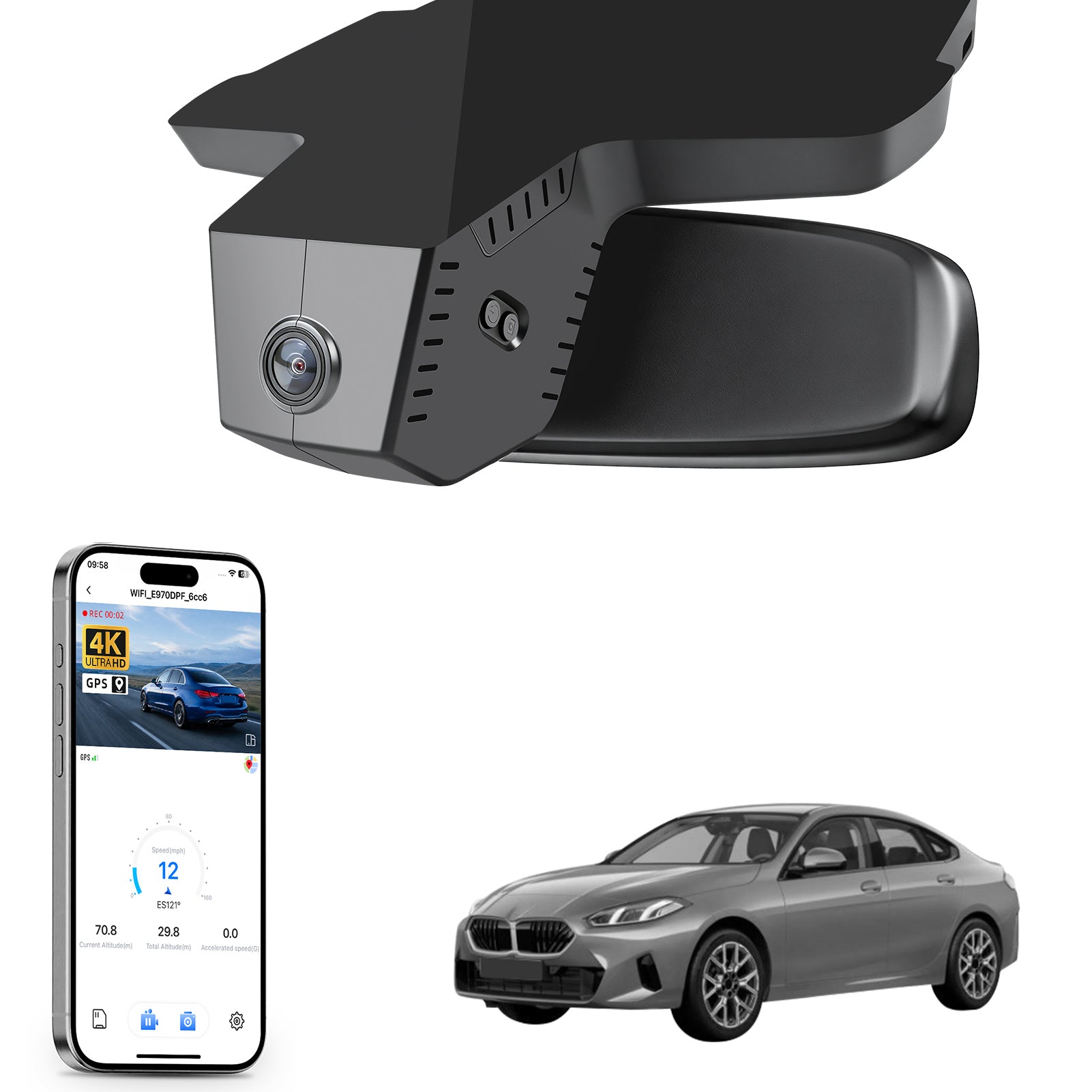 Car rearview mirror built-in dash cam with smartphone app control, 4K Ultra HD recording, GPS tracking, and BMW 2 Series M2 models in the background.