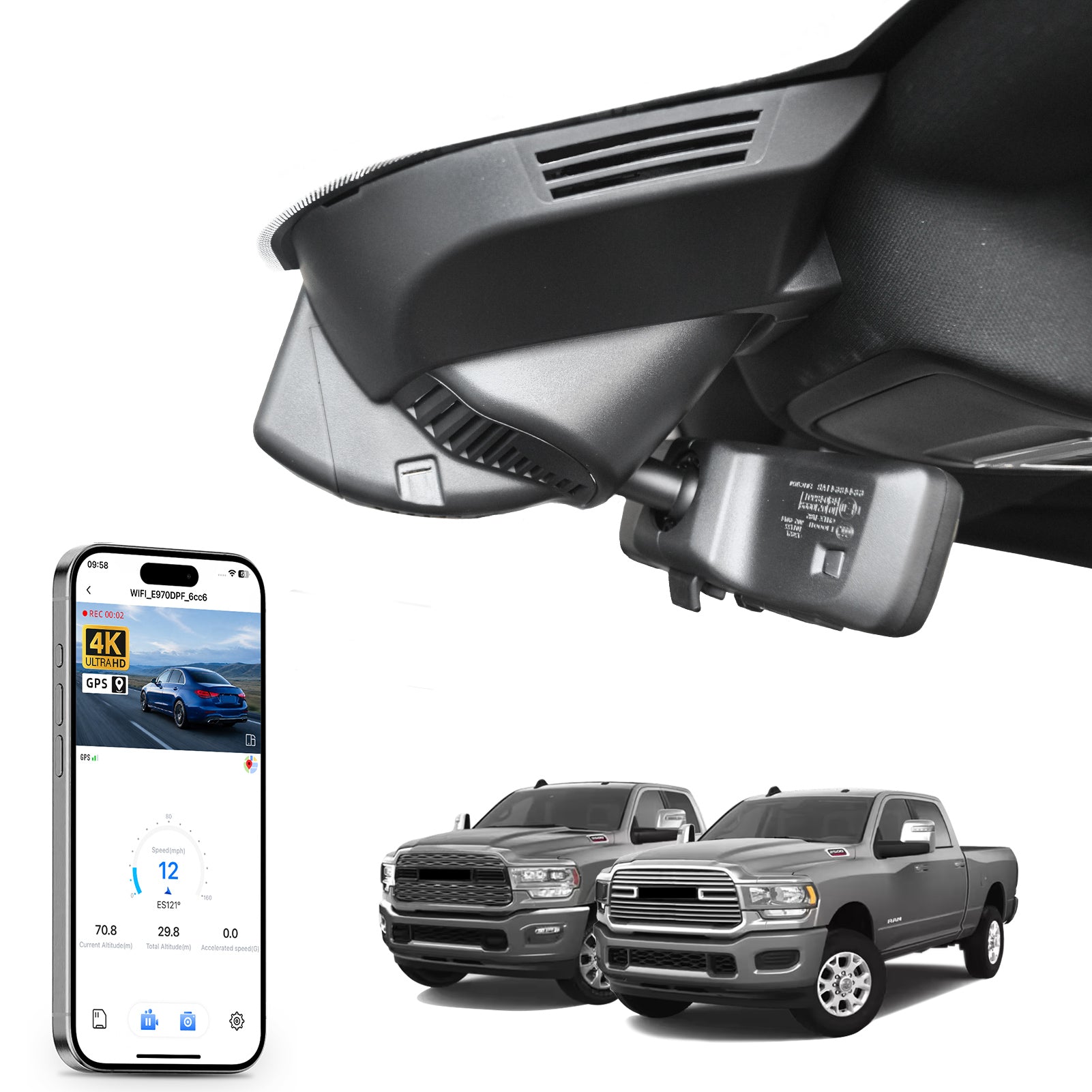 Car rearview mirror built-in dash cam with smartphone app control, 4K Ultra HD recording, GPS tracking, and Dodge RAM Gen5 Pickup models in the background.