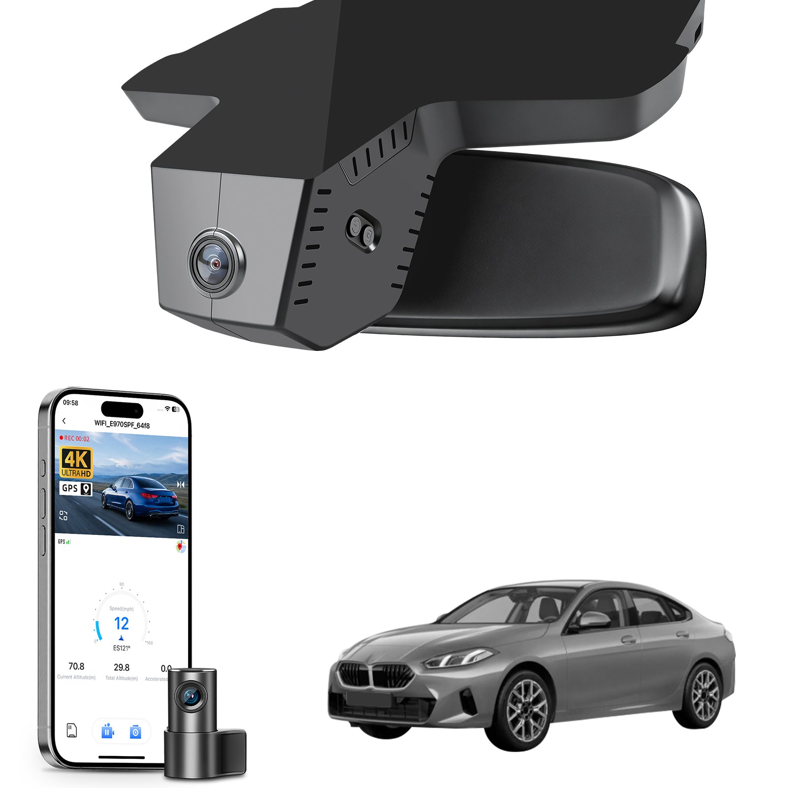 2 channel dash cam with dual STARVIS 2, features smartphone app control, 4K Ultra HD recording, GPS tracking, and BMW 2 Series M2 in the background. 