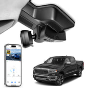 Car rearview mirror built-in dash cam with smartphone app control, 4K Ultra HD recording, GPS tracking, and Dodge RAM Gen5 Pickup models in the background.