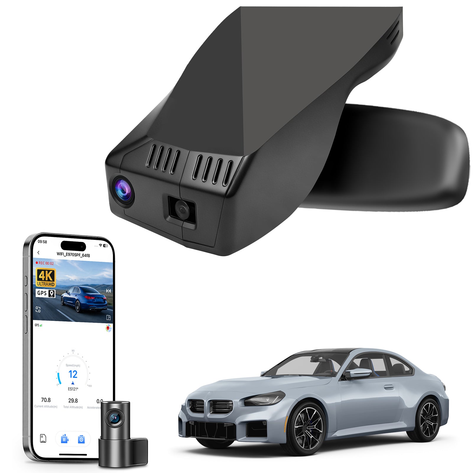 2 channel dash cam with dual STARVIS 2, features smartphone app control, 4K Ultra HD recording, GPS tracking, and BMW 2 Series M2 in the background. 