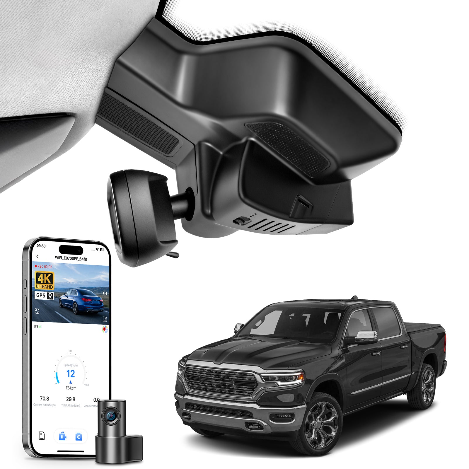 2 channel dash cam with dual STARVIS 2, features smartphone app control, 4K Ultra HD recording, GPS tracking, and Dodge RAM Gen5 Pickup models in the background.  