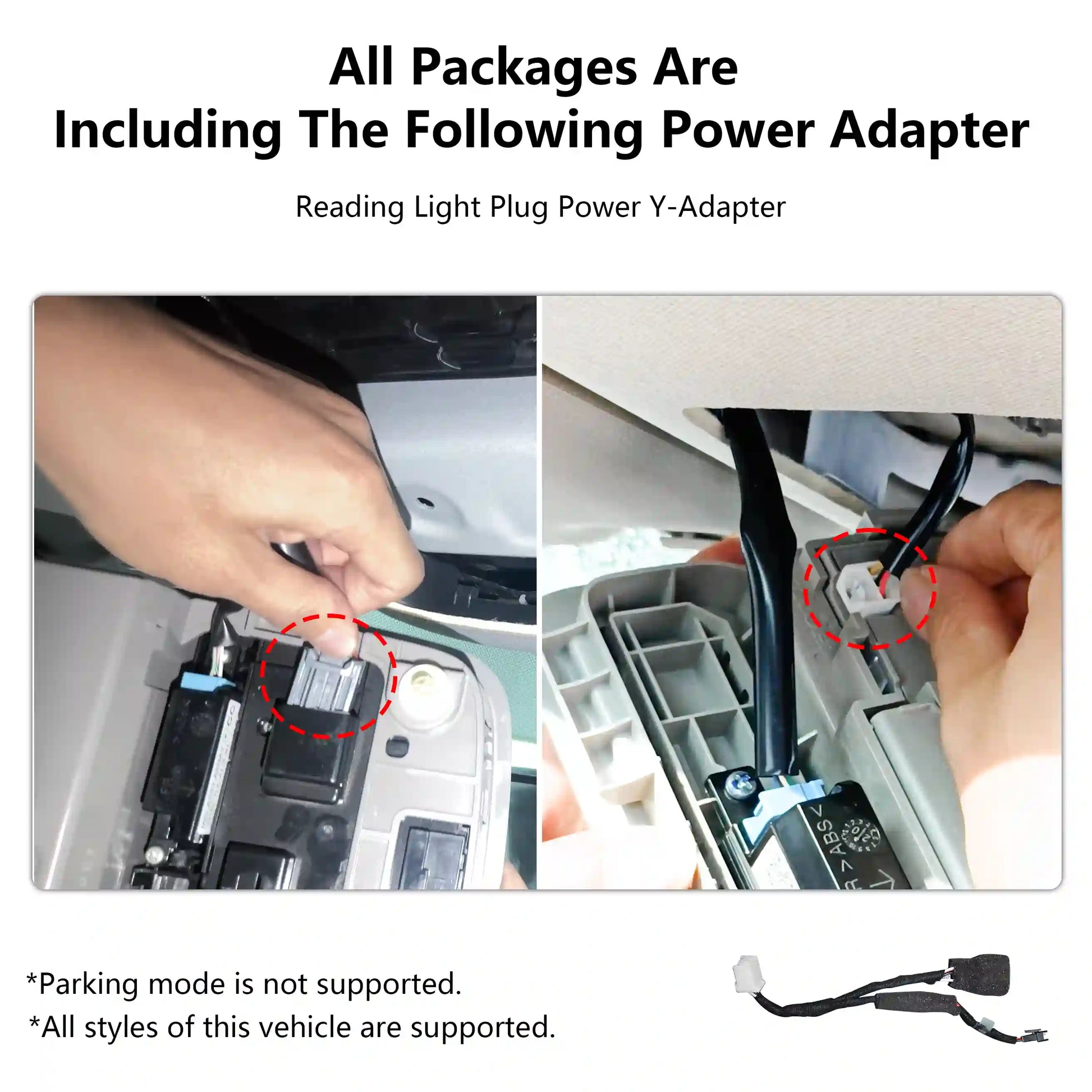 Honda Pilot, Honda Passport, Honda Ridgeiline Power adapter installation instructions with close-up images of hands and vehic