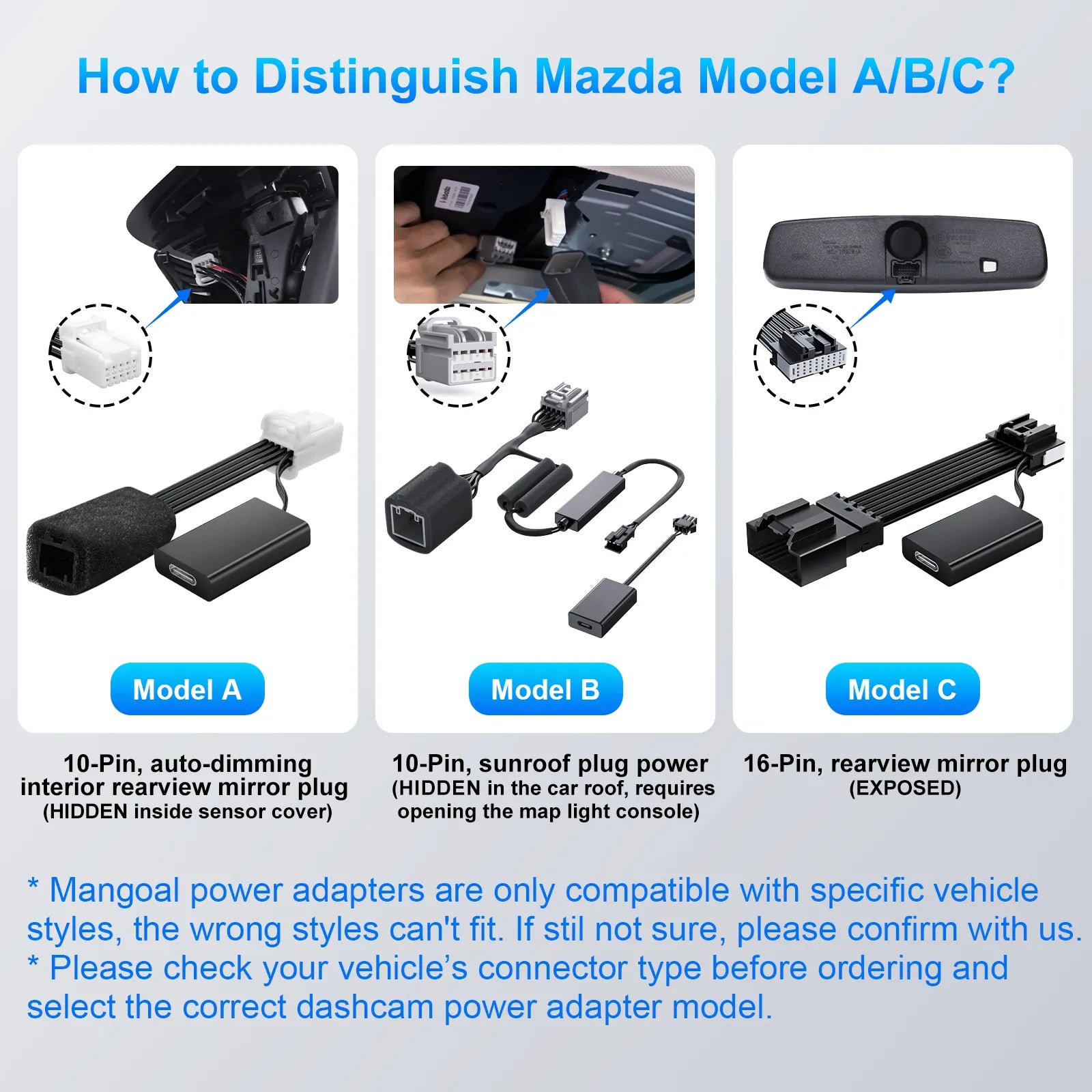 Mangoal Dash Cam Power Adapter for Mazda with 10-Pin sunroof Plug (Model B) – Hidden Cable Kit for GPS Radar Mirror Camera, Plug & Play Fits All Mazda Models with sunroof