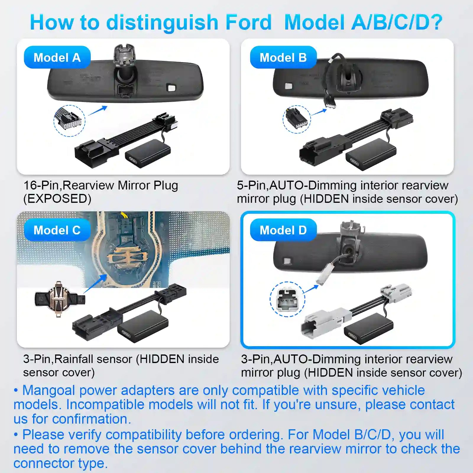 Comparison chart showing different models of Ford rearview mirrors with their respective connectors.