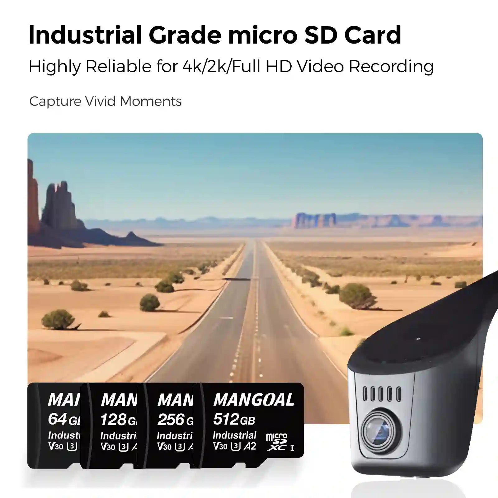 Micro SD card with camera and desert landscape background mangoal dash cam