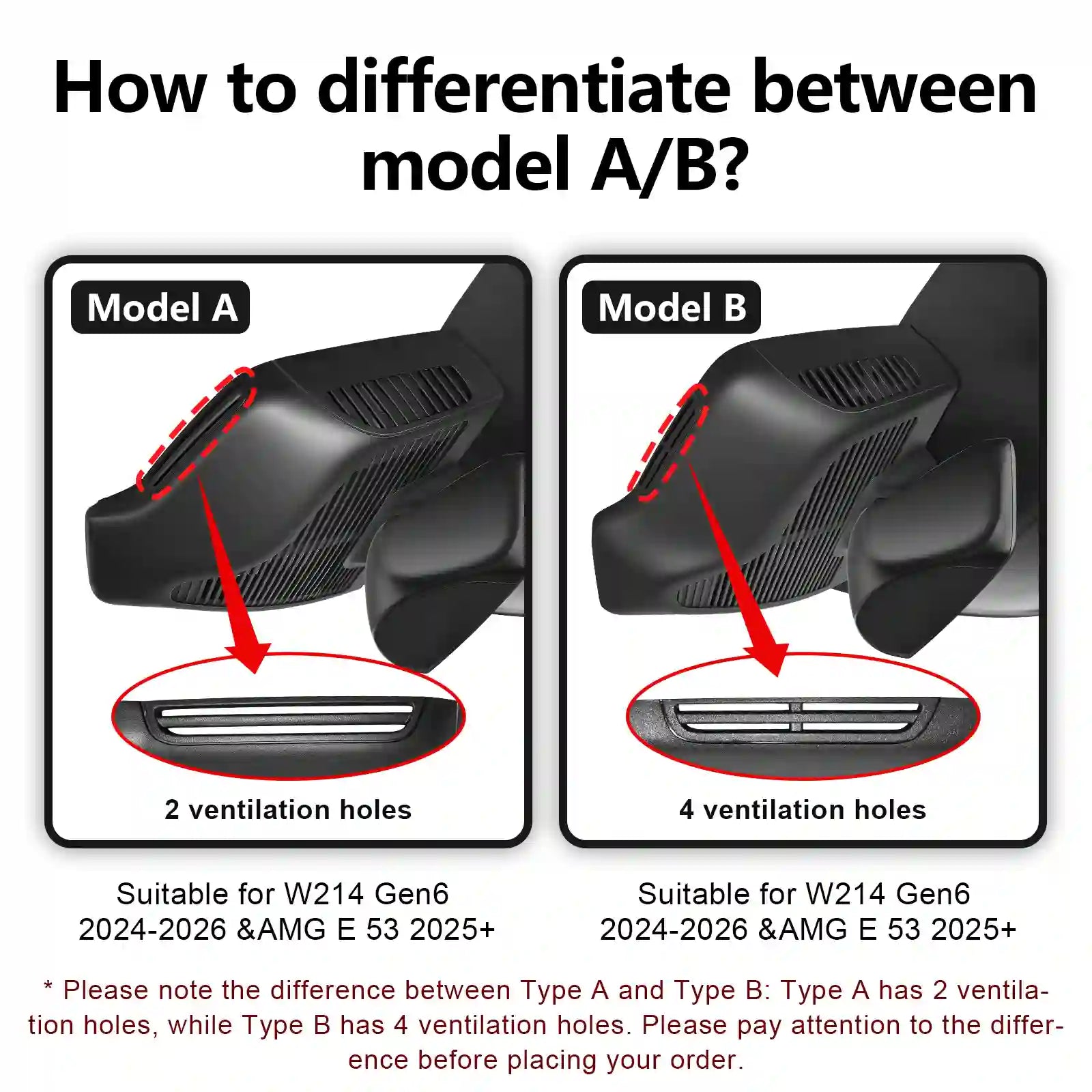 Comparison of Model A and Model B with ventilation hole differences on a white background. Mercedes Gen-6 E-Class model A and