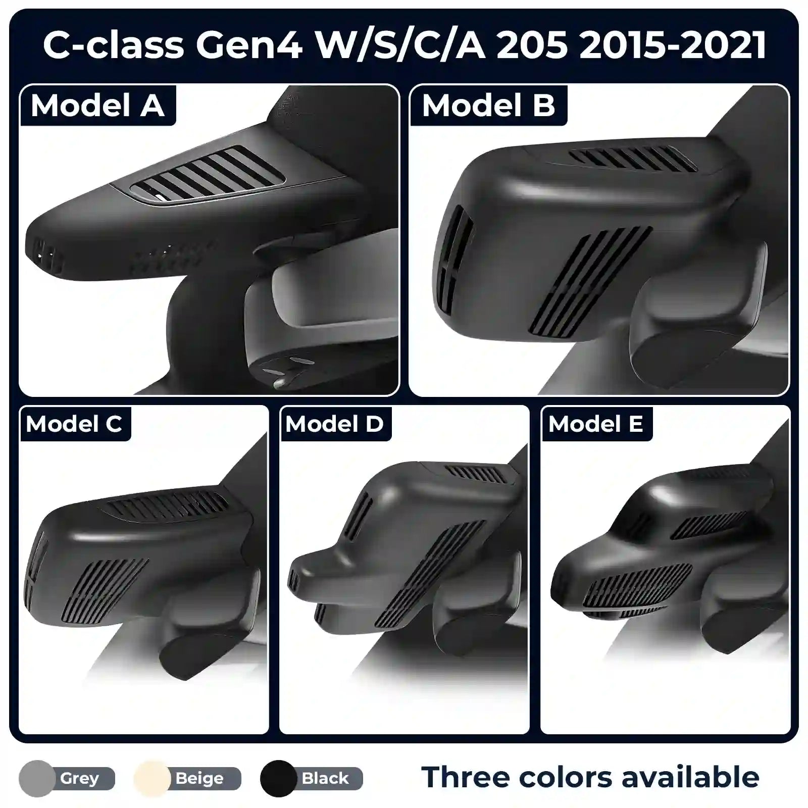 Comparison of car mirror camera models A to E with color options on a white background