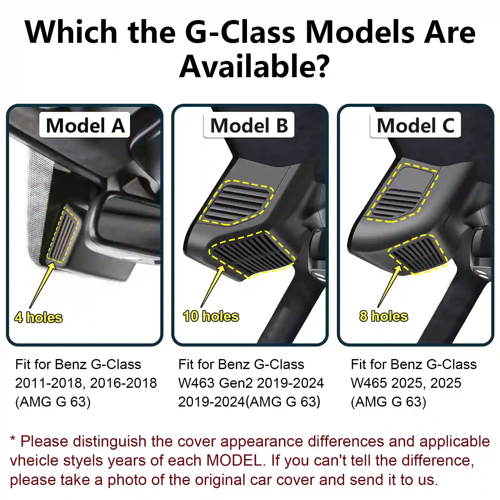 Comparison of three car cover models (A, B, C) with labeled features and vehicle compatibility for Mercedes-Benz G-Class.