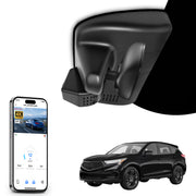 Car rearview mirror built-in dash cam with smartphone app control, 4K Ultra HD recording, GPS tracking, and Acura RDX SUV models in the background.