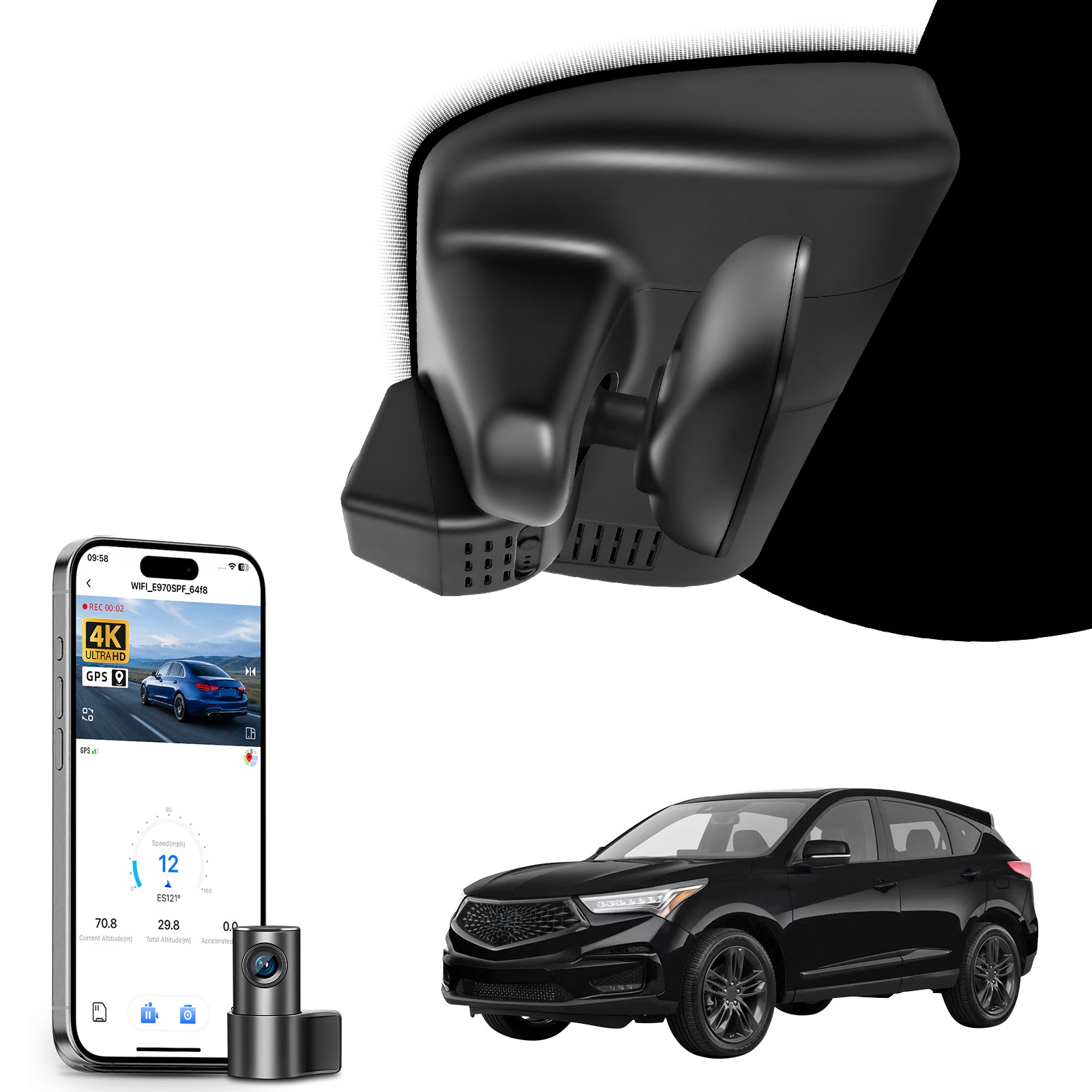 Car rearview mirror built-in dual dash cam with smartphone app control, 4K Ultra HD recording, GPS tracking, and Acura RDX SUV models in the background.