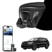 Car rearview mirror built-in dual dash cam with smartphone app control, 4K Ultra HD recording, GPS tracking, and Acura RDX SUV models in the background.