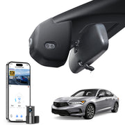 Car rearview mirror built-in dash cam with smartphone app control, 4K Ultra HD recording, GPS tracking, and Acura Integra models in the background.