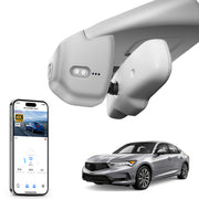 Car rearview mirror built-in dash cam with smartphone app control, 4K Ultra HD recording, GPS tracking, and Acura Integra models in the background.