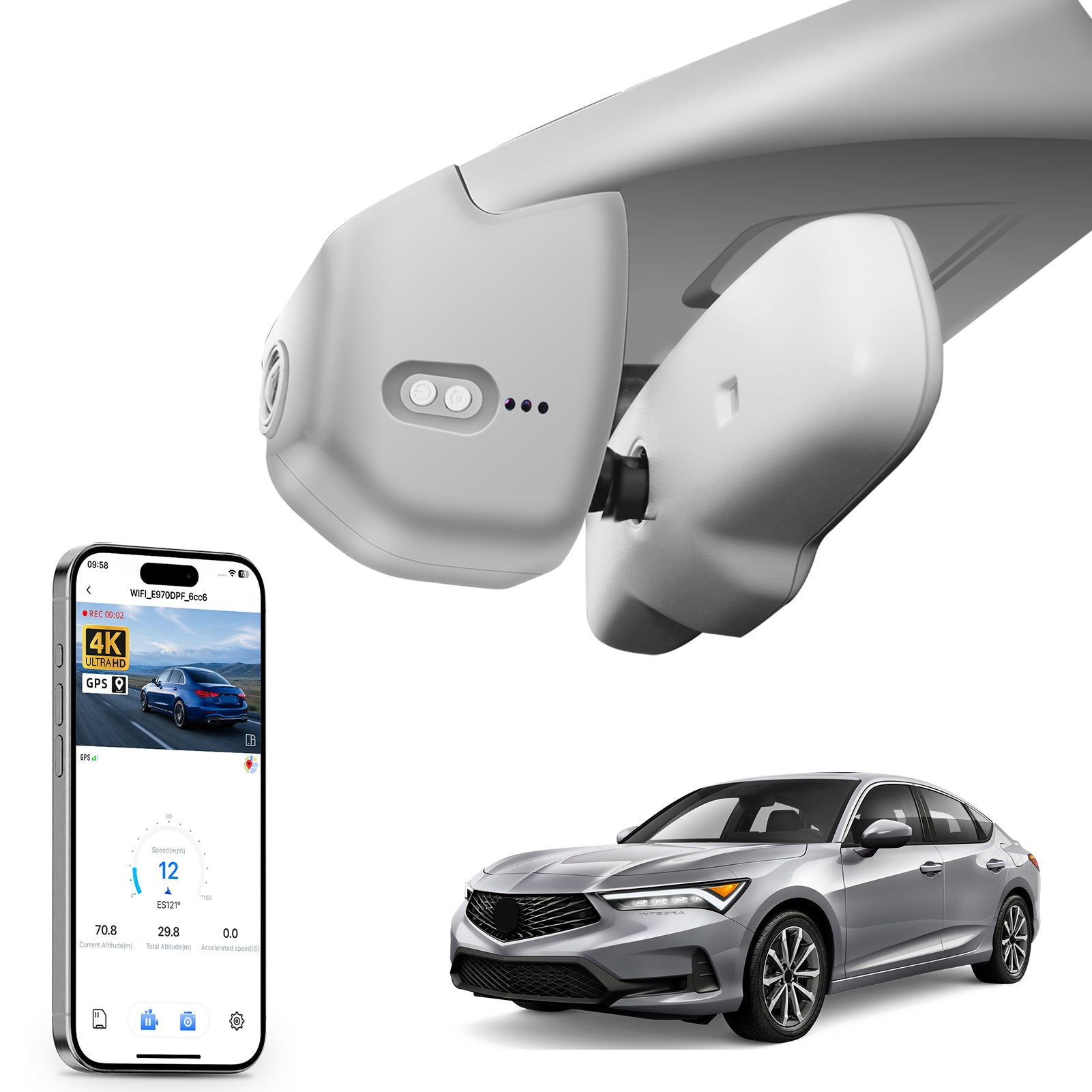 Car rearview mirror built-in dash cam with smartphone app control, 4K Ultra HD recording, GPS tracking, and Acura Integra models in the background.