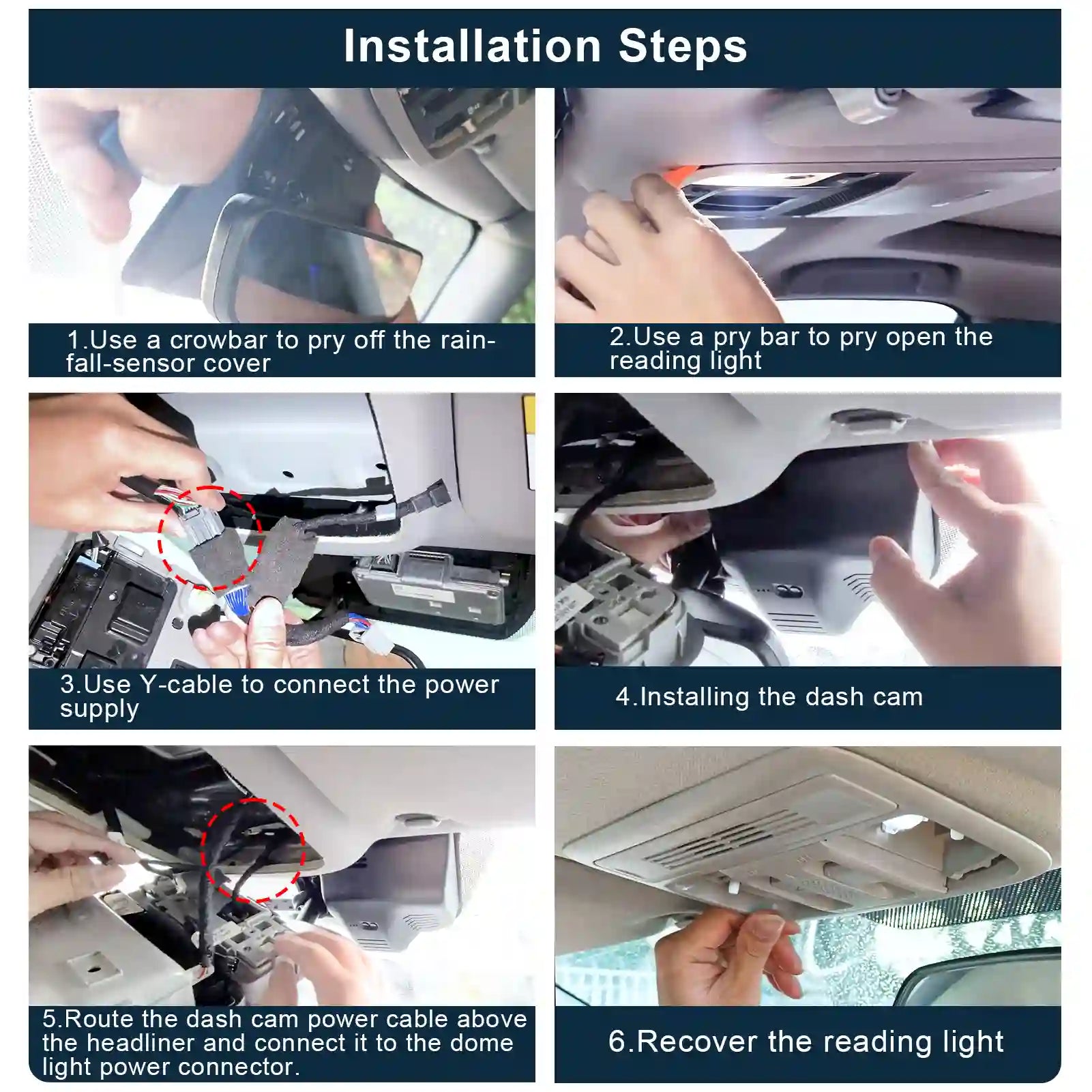 Honda Pilot, Honda Passport, Honda Ridgeiline Step-by-step guide on installing a dash cam in a vehicle with text labels.