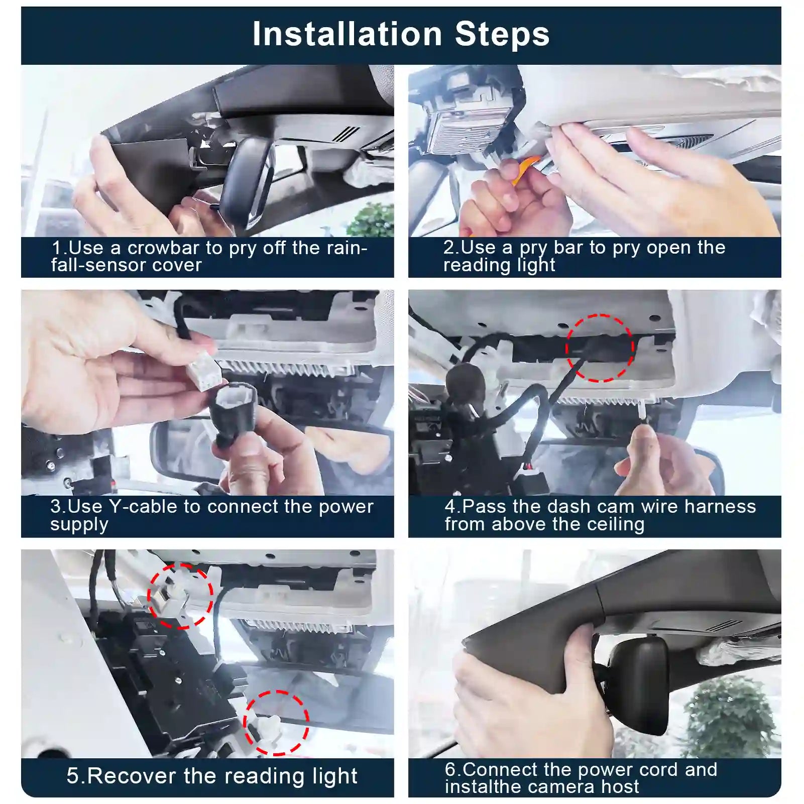 honda pilot passport Ridgeline Step-by-step installation guide for a car dashboard camera with visual instructions and close-