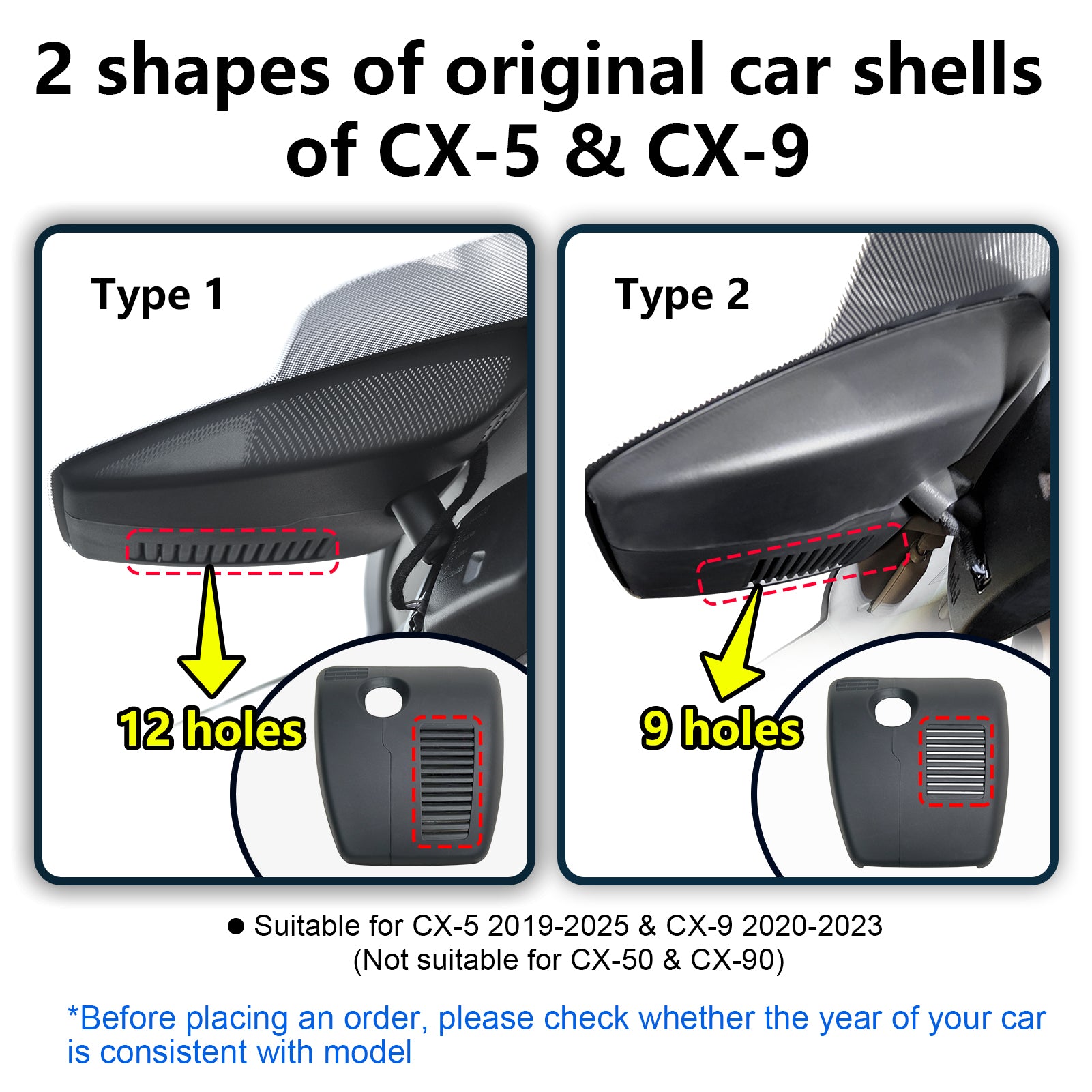 Comparison of two types of car mirror shells for CX-5 and CX-9 models with hole counts indicated.