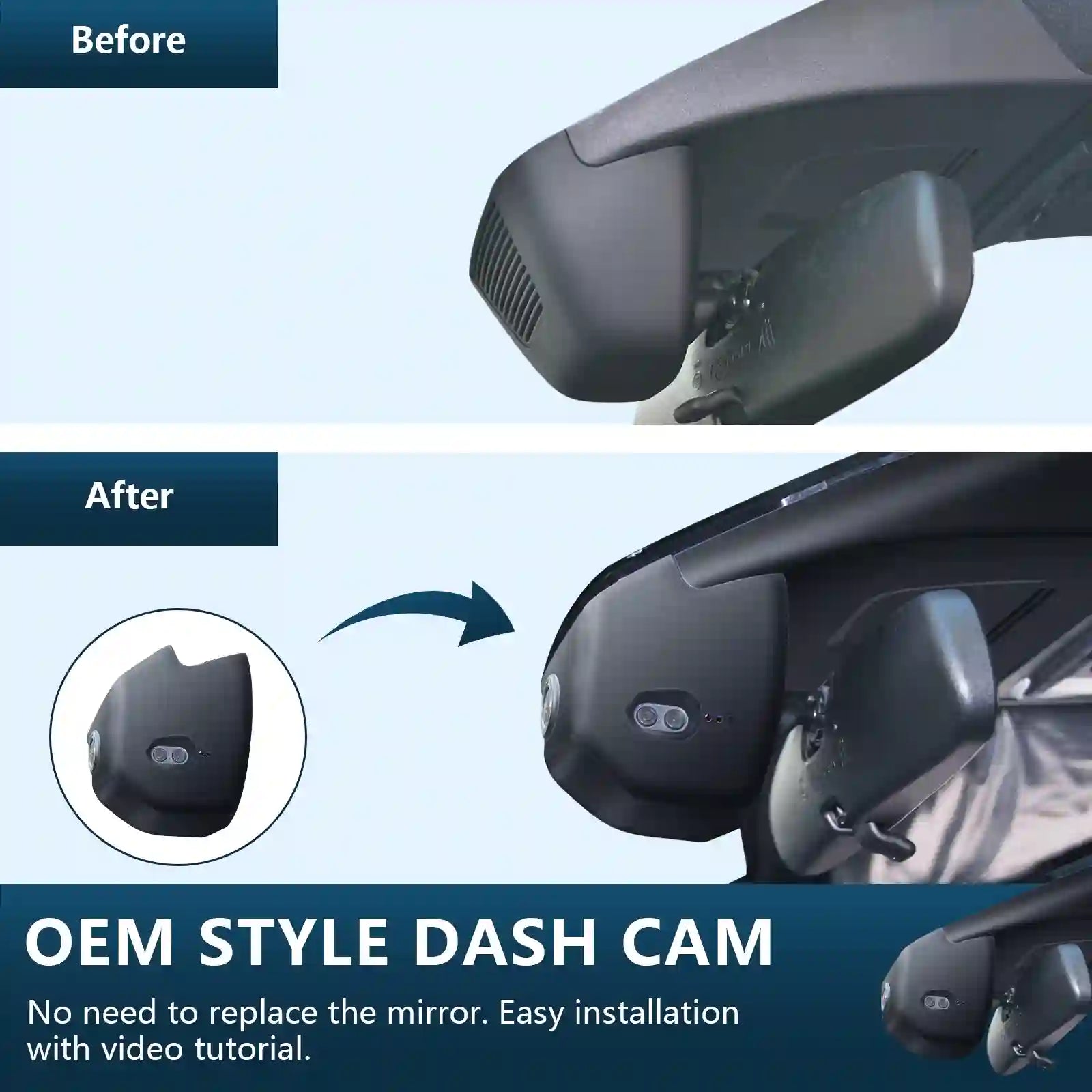 Before and after comparison of an OEM style dash cam installation on a car  mirror. For mangoal tech dash camera