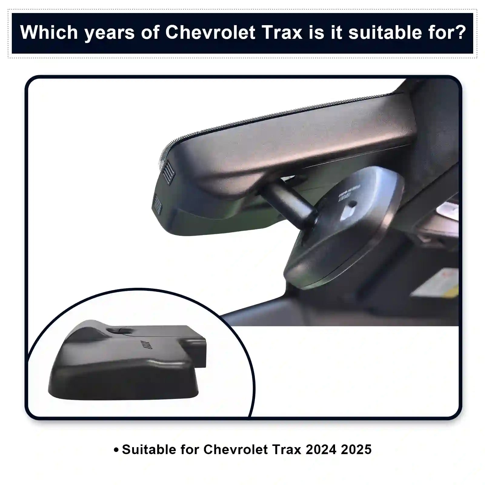 Car mirror with text indicating compatibility for Chevrolet Trax 2024 and 2025 models.