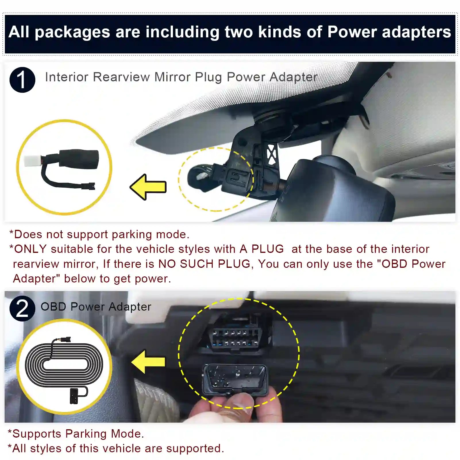 Car interior with power adapter installation instructions and illustrations.   For mangoal tech dash camera