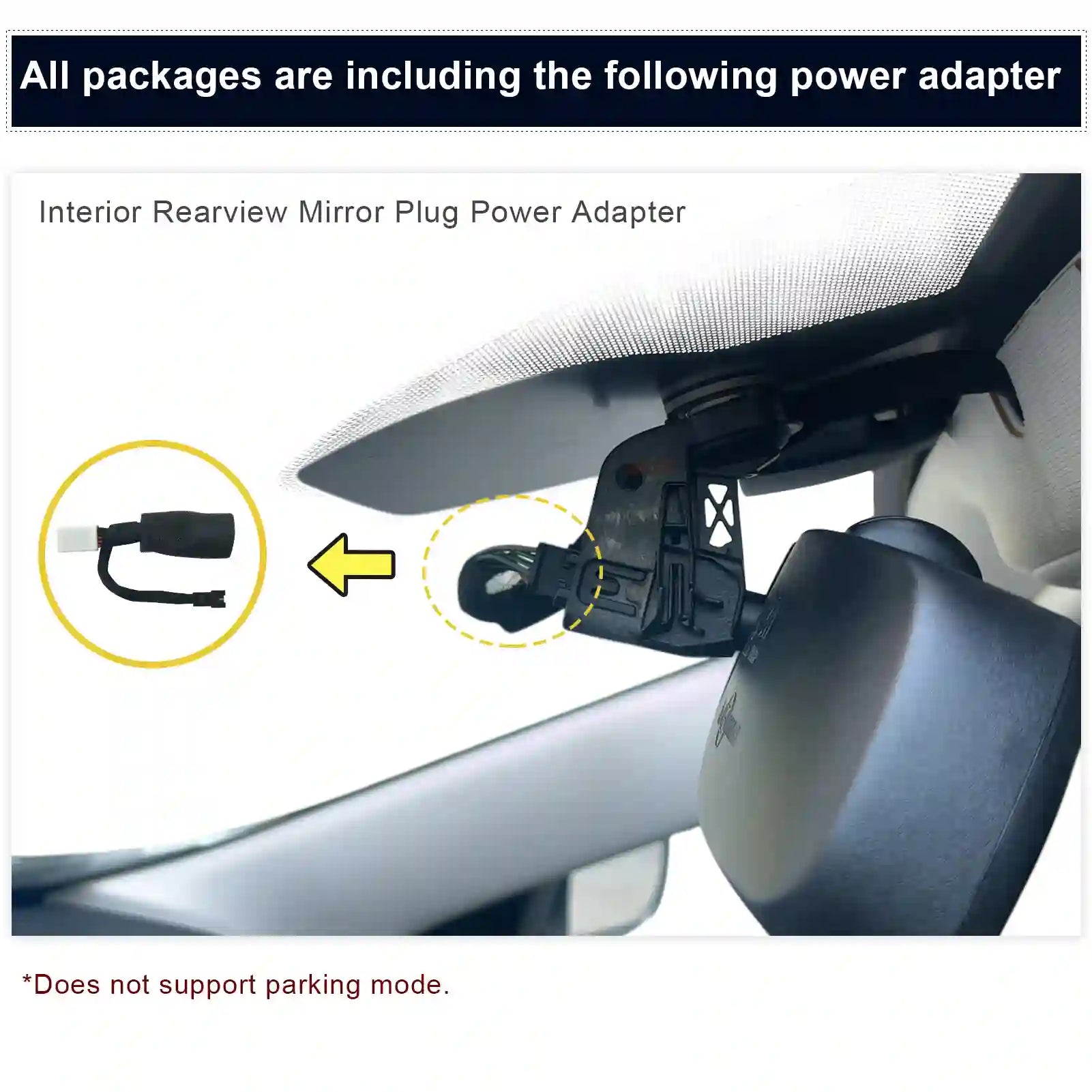 Car interior with a power adapter attached to the rearview mirror, highlighting the power adapter's location.