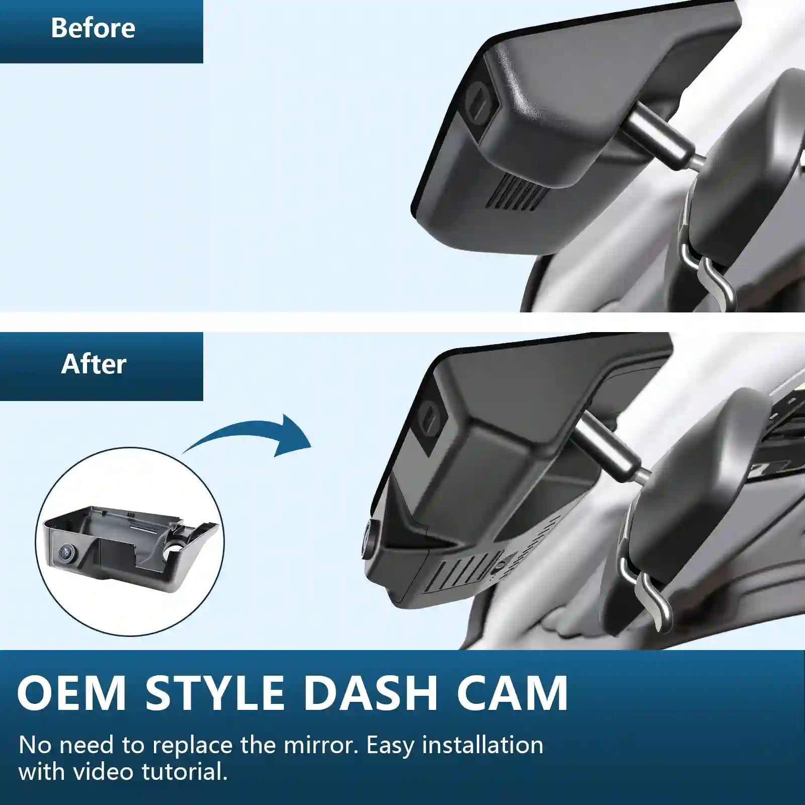Honda Pilot poassport Ridgeline Before and after comparison of an OEM style dash cam installation on a car mirror with text a