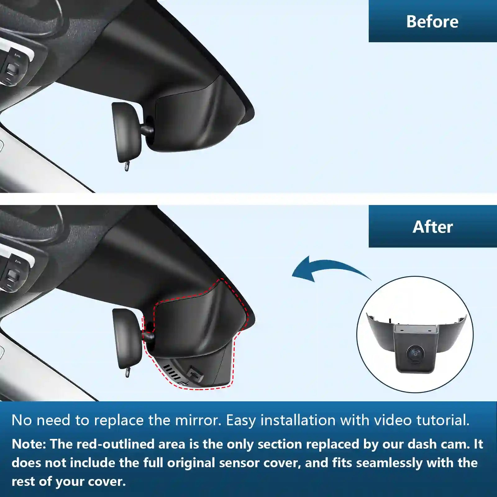 Honda Ridgeline Before and after comparison of a car mirror installation with a dash cam.