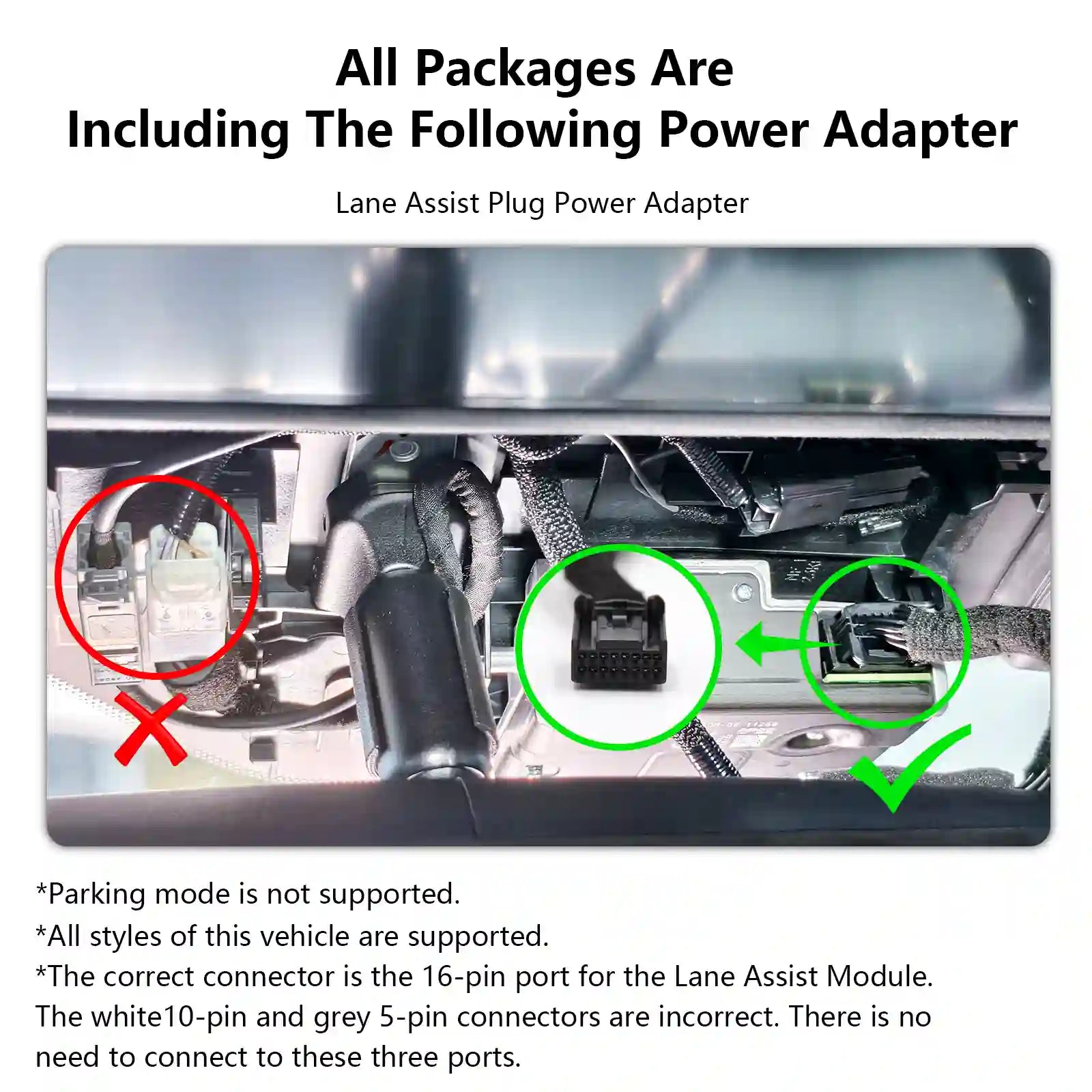 Car interior with power adapter connection diagram and text about power adapter inclusion for mangoal dash camera installatio