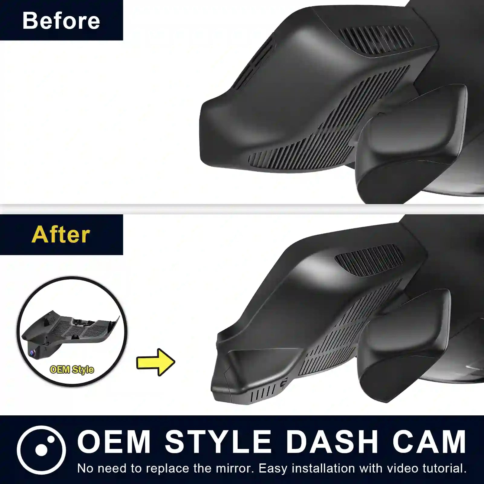 Comparison of OEM style dash cam installation on a car dashboard with 'Before' and 'After' labels Mercedes Gen-6 E-Class mang
