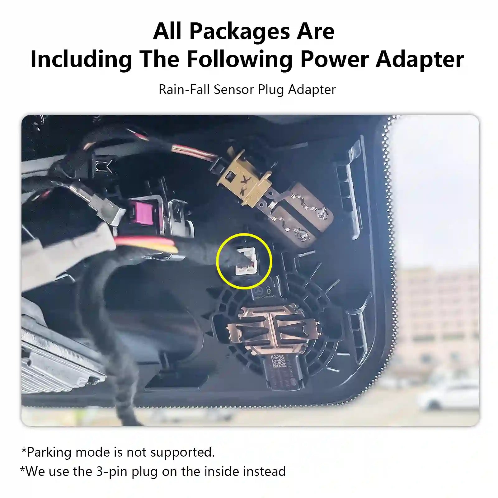 Car interior with power adapter highlighted, text indicating adapter inclusion.