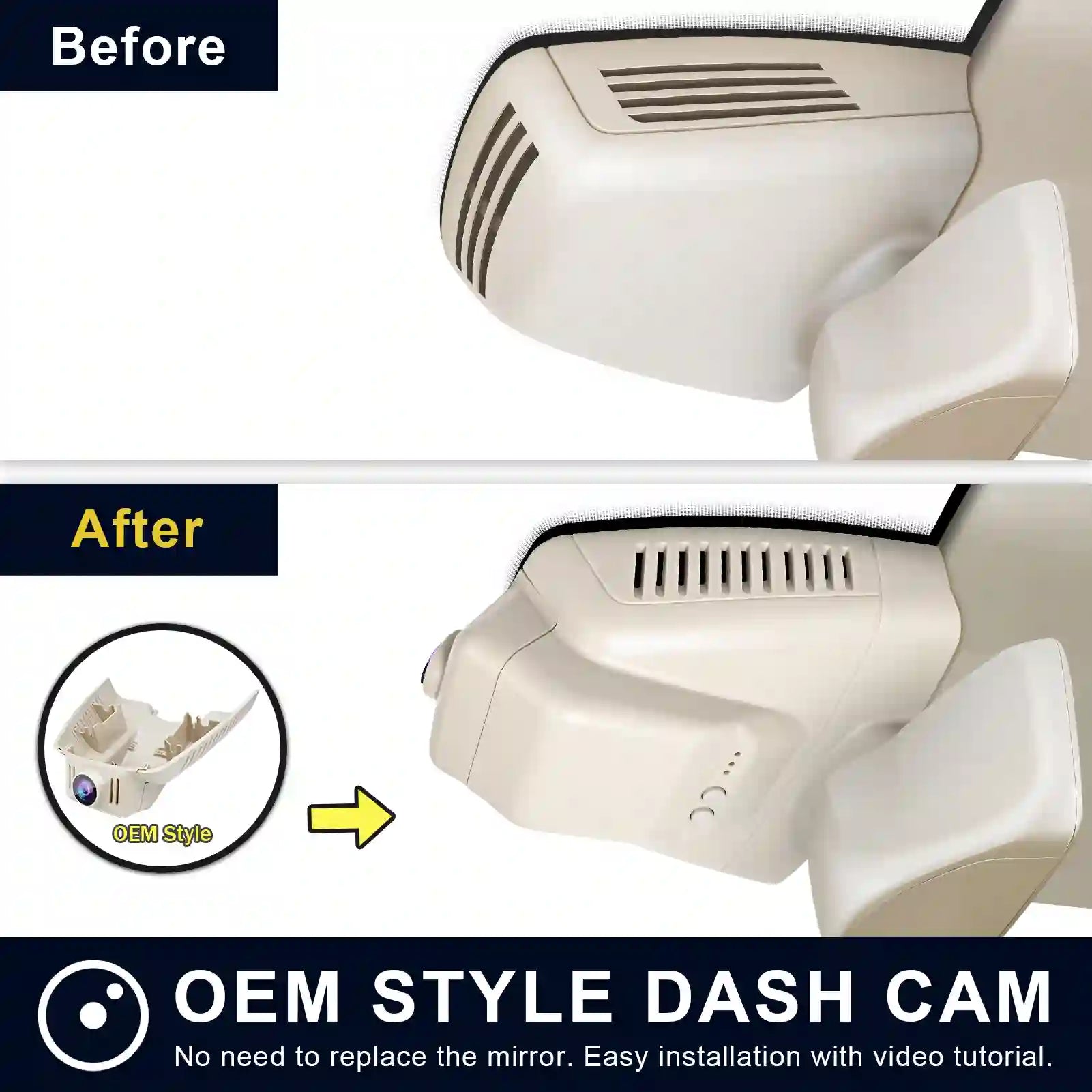 mercedez benz Comparison of OEM style dash cam installation on a car mirror with 'Before' and 'After' labels.